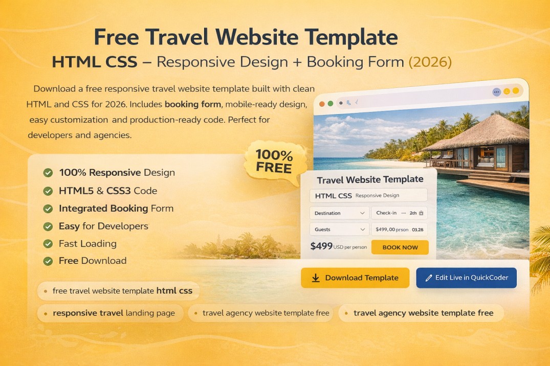 Free Travel Website Template HTML CSS (Responsive Design + Booking Form 2026)