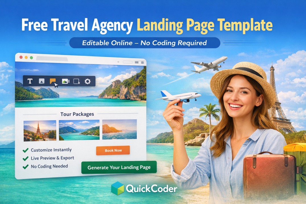 Free Travel Agency Landing Page Template (Editable Online Without Coding) | QuickCoder